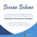 Legislativo entregará Título de Cidadão Emérito em Sessão Solene