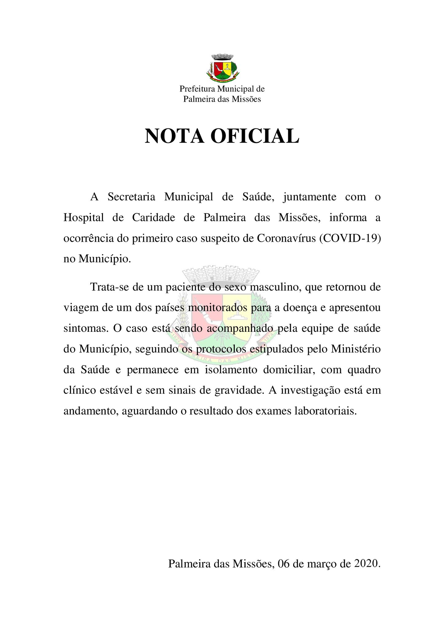 Secretaria Municipal de Saúde divulga Nota Oficial sobre caso suspeito de Coronavírus em Palmeira das Missões.