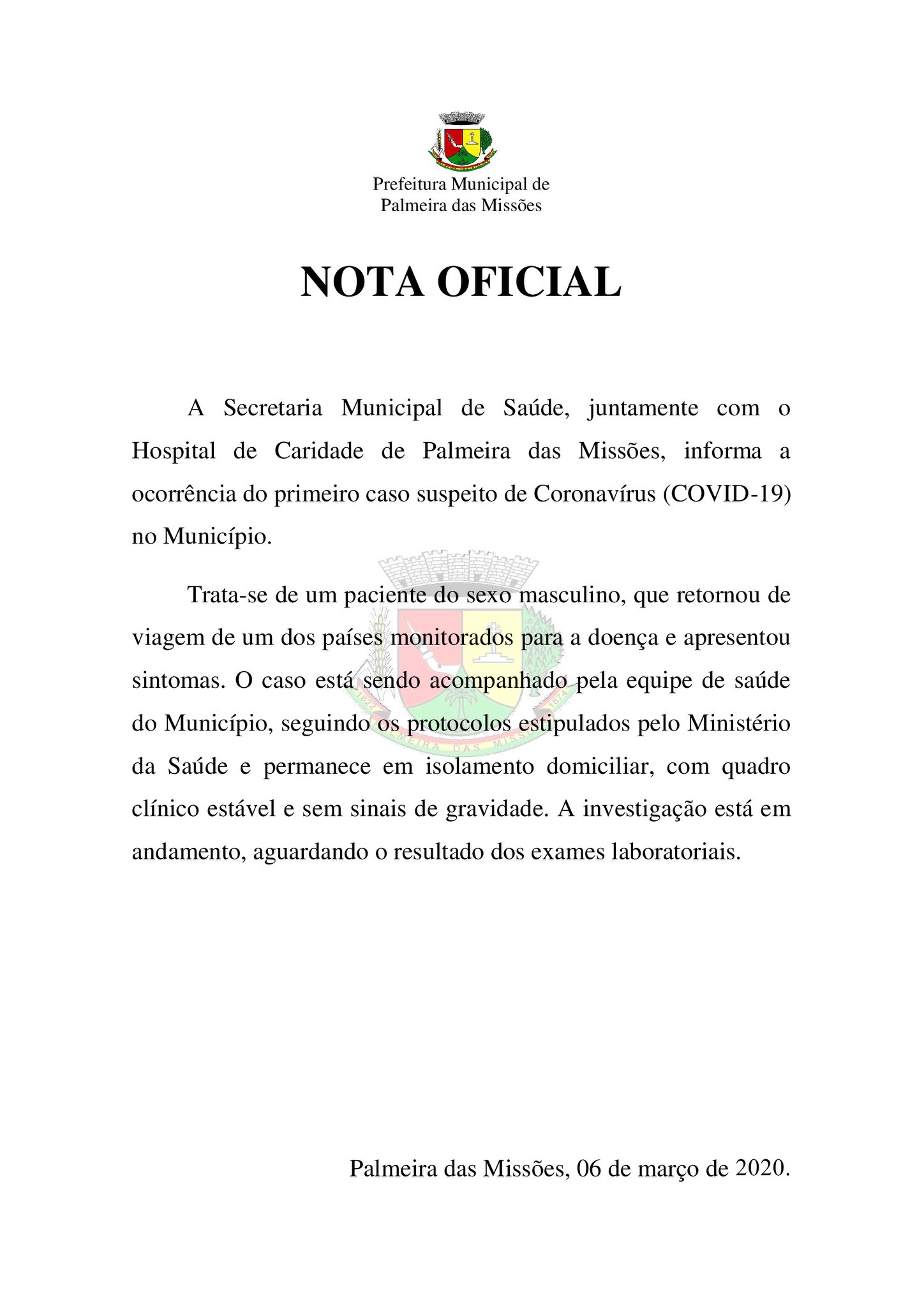 Secretaria Municipal de Saúde divulga Nota Oficial sobre caso suspeito de Coronavírus em Palmeira das Missões.